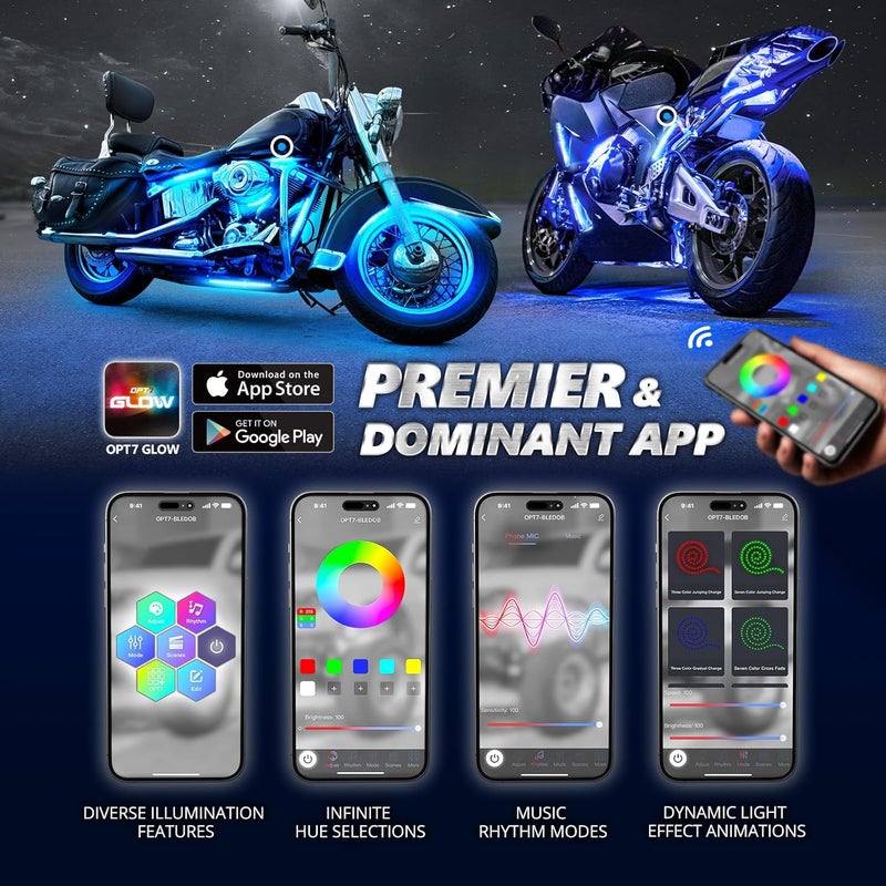 OPT7 Aura Pro 14pcs Motorcycle RGB LED Strip Lights with App & Remote Control, Multi-Color & Music Sync Neon Accent Bike Underglow Lighting Kit, 12V Handle Switch for Harley Honda Yamaha Kawasaki - Image 2